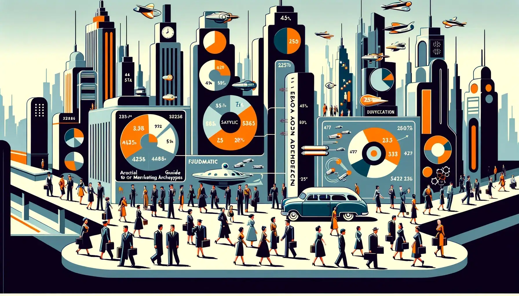 Futuristic cityscape bustling with diverse groups of people and interactive marketing data charts, representing different consumer archetypes for targeted marketing strategies.