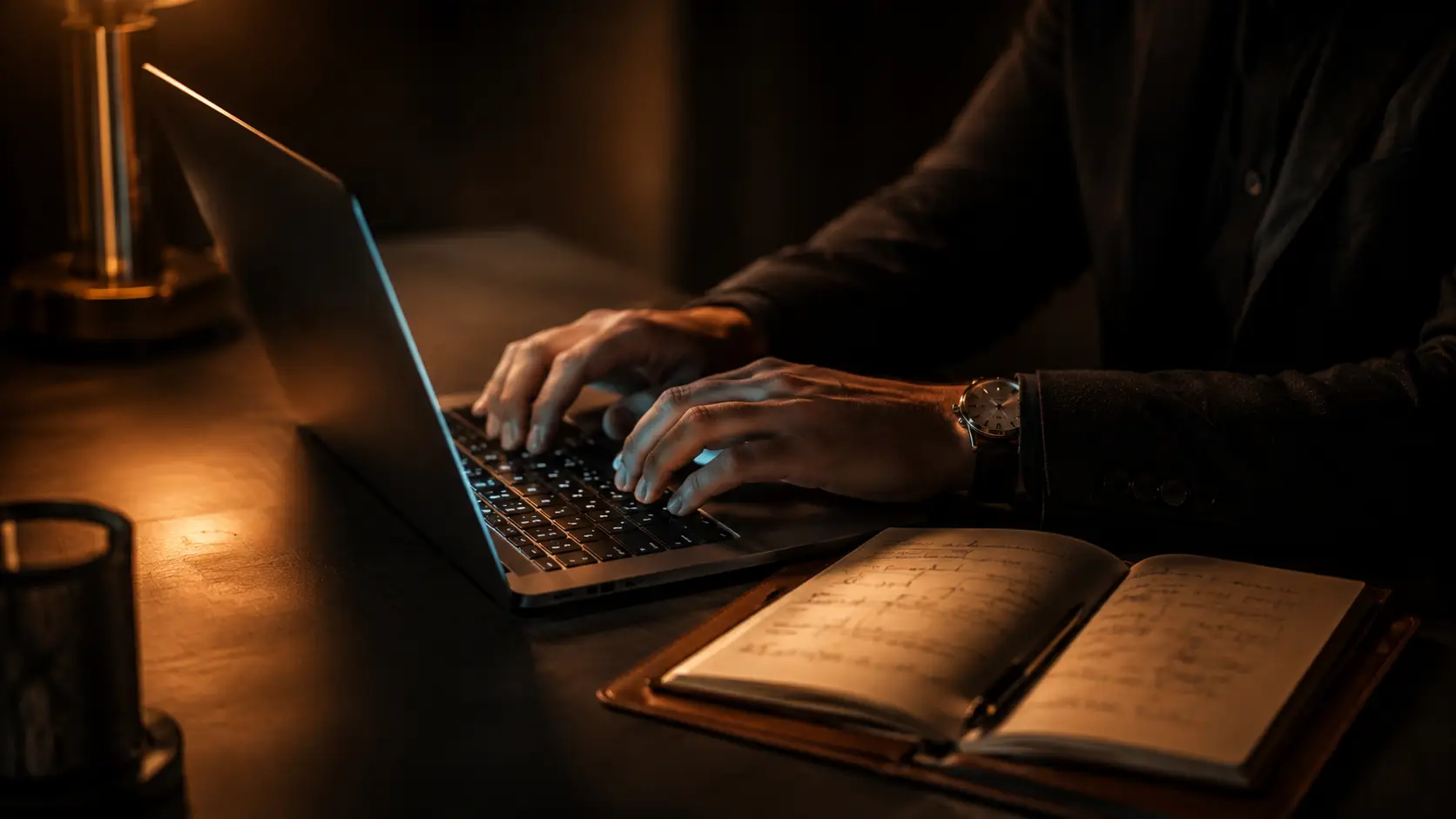 Person typing on a laptop at a desk with an open notebook beside it, under warm evening lighting