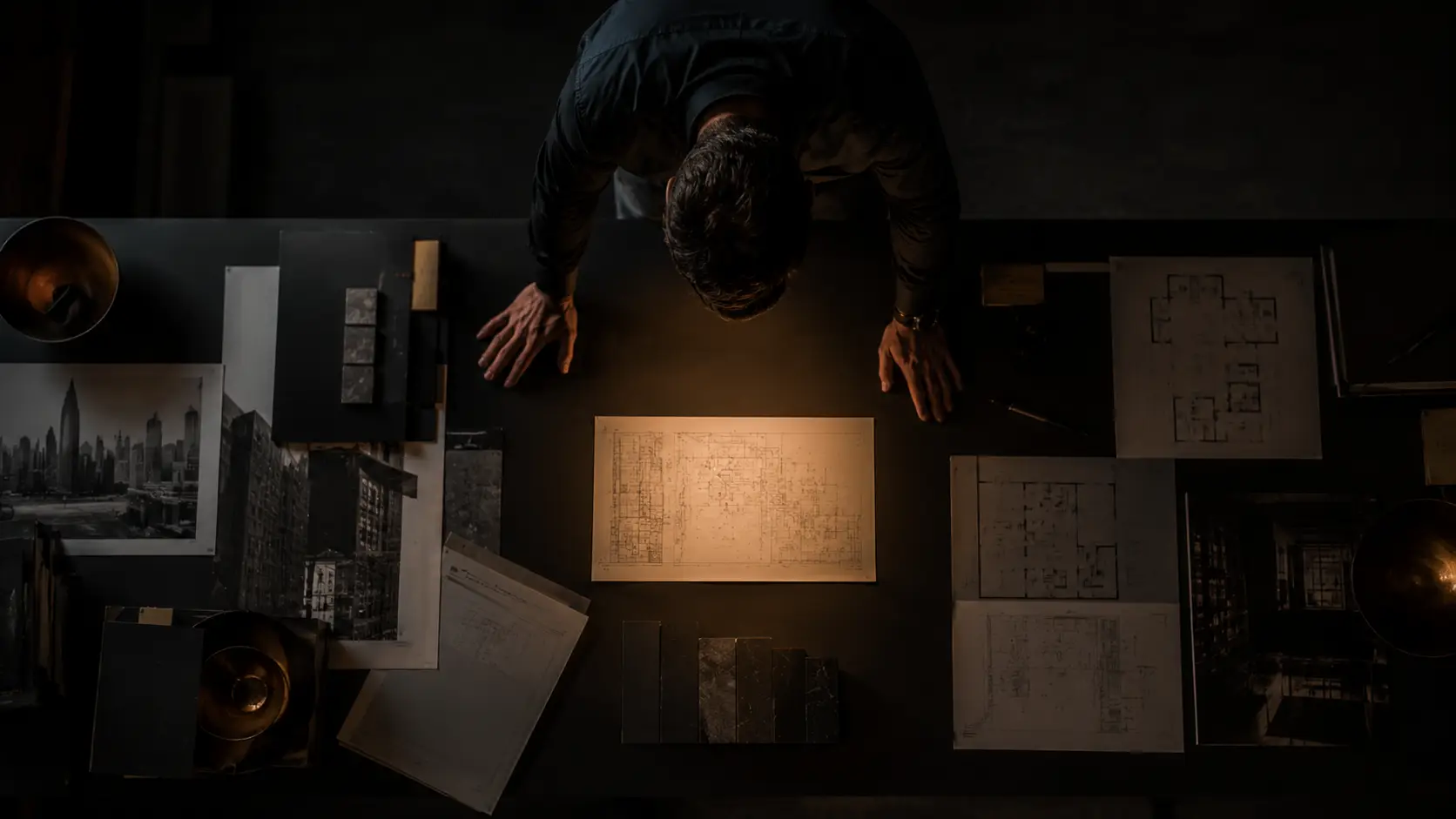 Architect leaning over a desk, examining a central blueprint surrounded by photos, plans, and material swatches