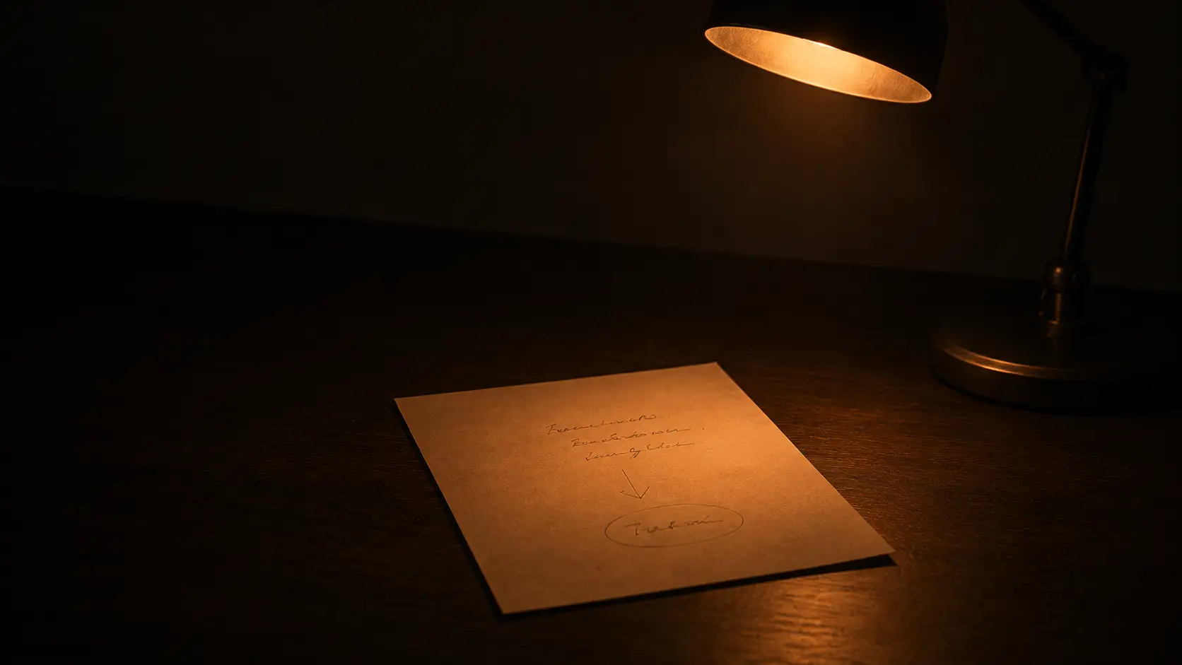 Dimly lit desk with a warm lamp overhead and a handwritten note on a wooden surface