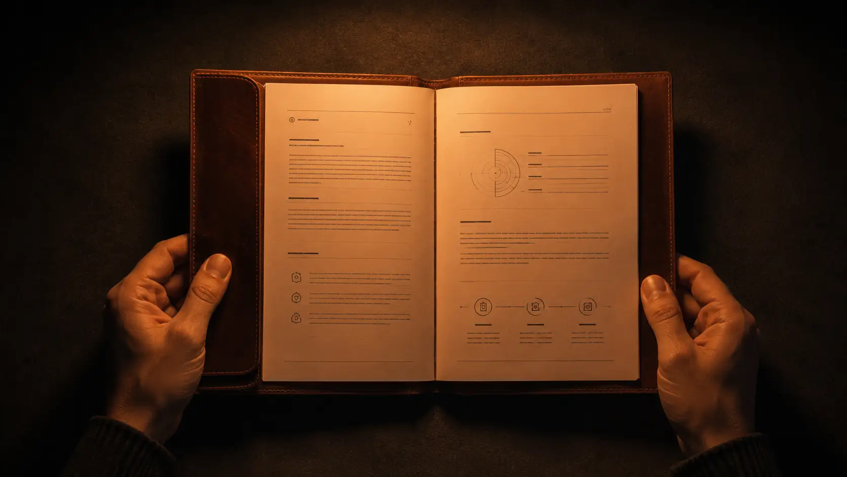 Open leather notebook viewed from above, hands on both sides in warm lighting, showing printed pages with diagrams and text