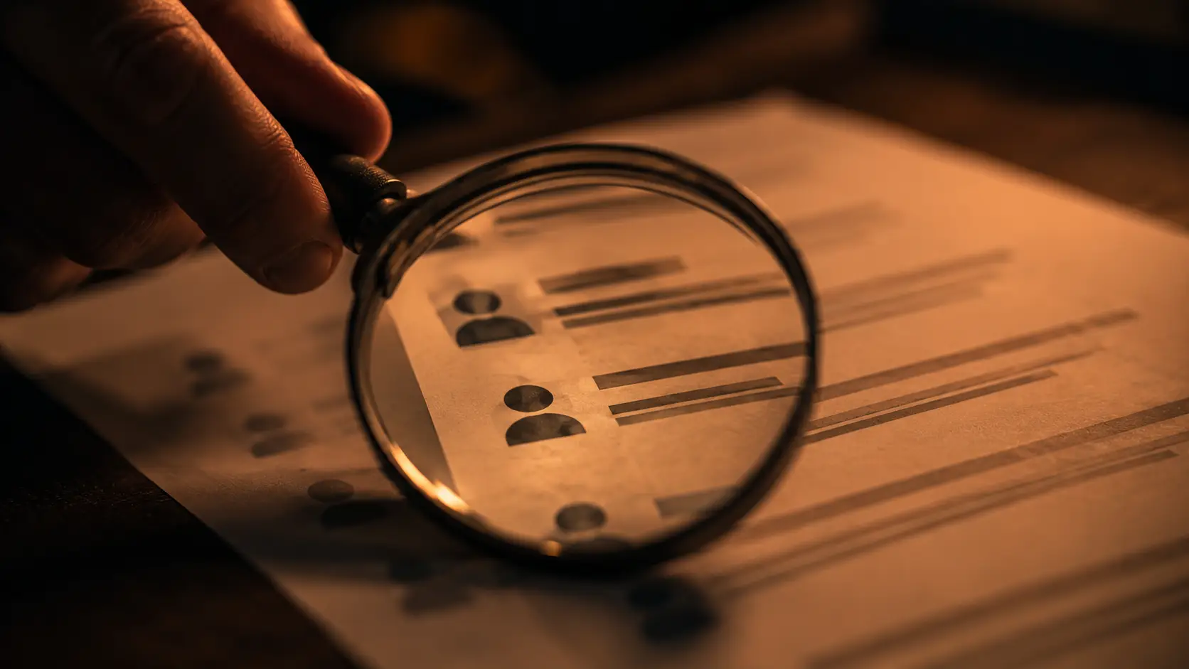 Hand holds a magnifying glass over a resume, emphasizing profile icons and bars of text for scrutiny or screening