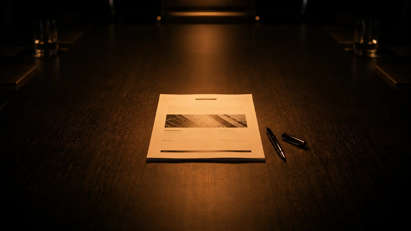 Strategic direction document centred on a boardroom table: the governing framework for all marketing decisions