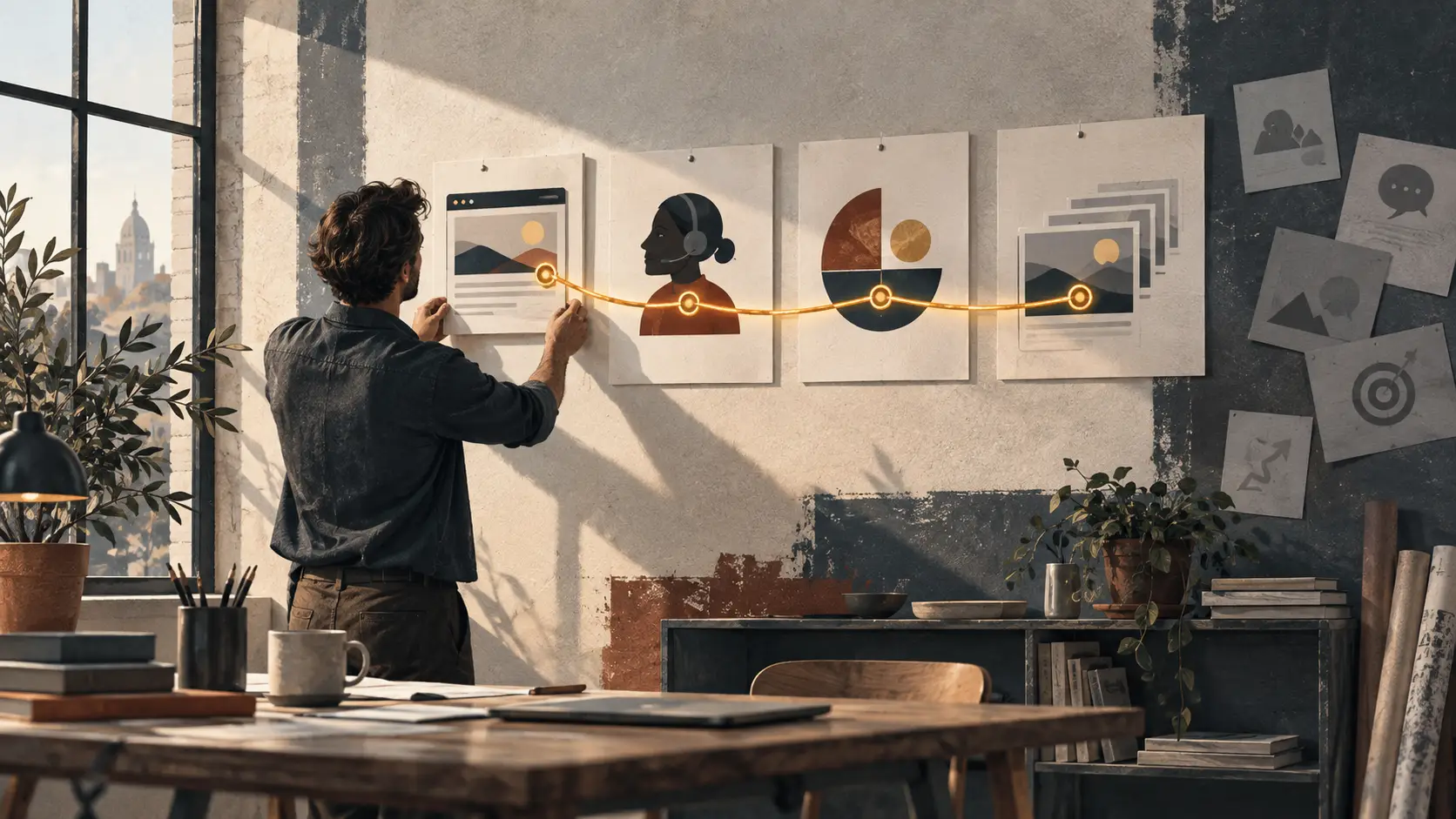 Consistent marketing illustration showing a marketer connecting brand message, customer understanding, visual identity, and steady output