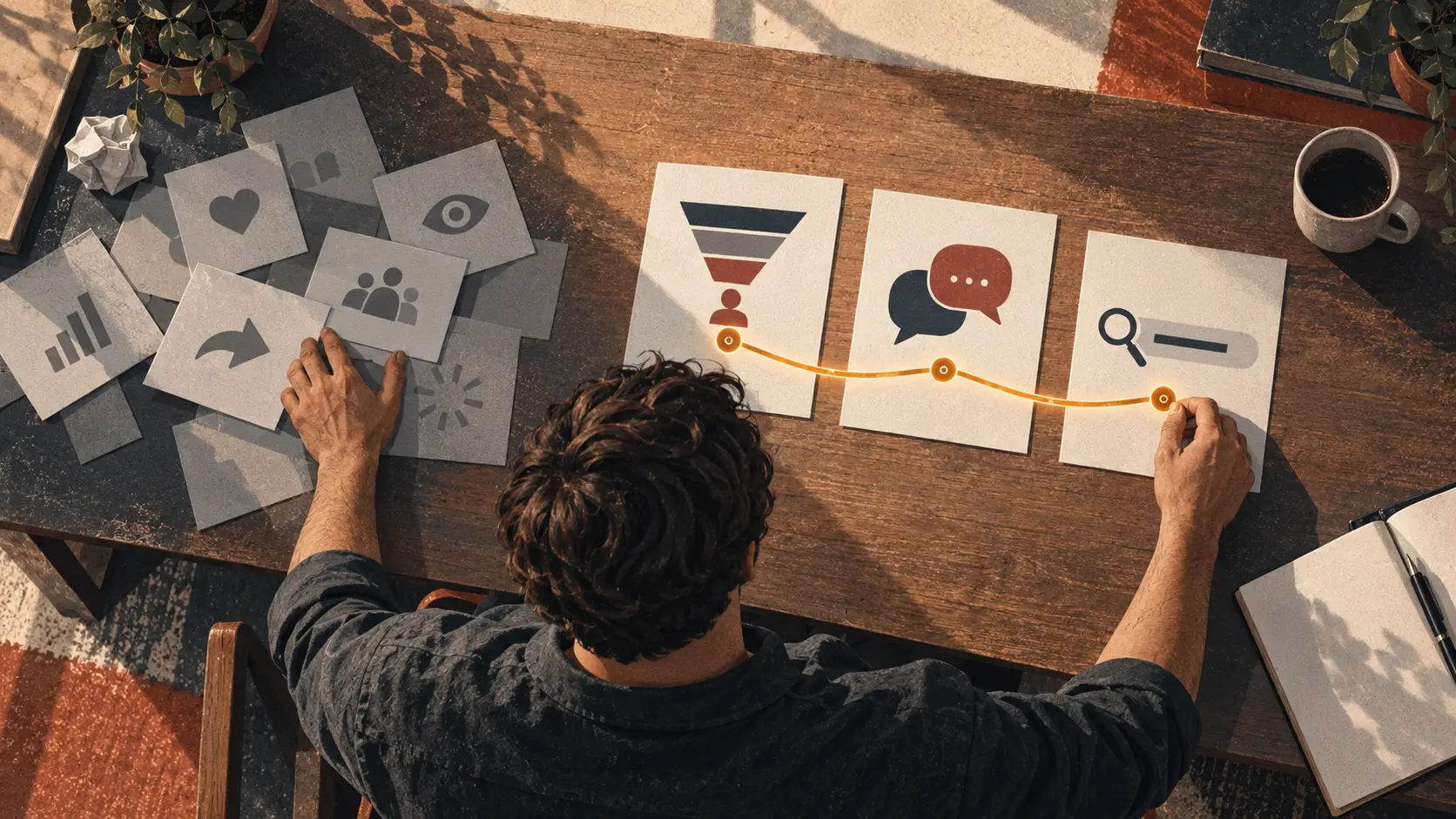 Brand awareness illustration showing a marketer reviewing audience signals, conversations, and search behaviour
