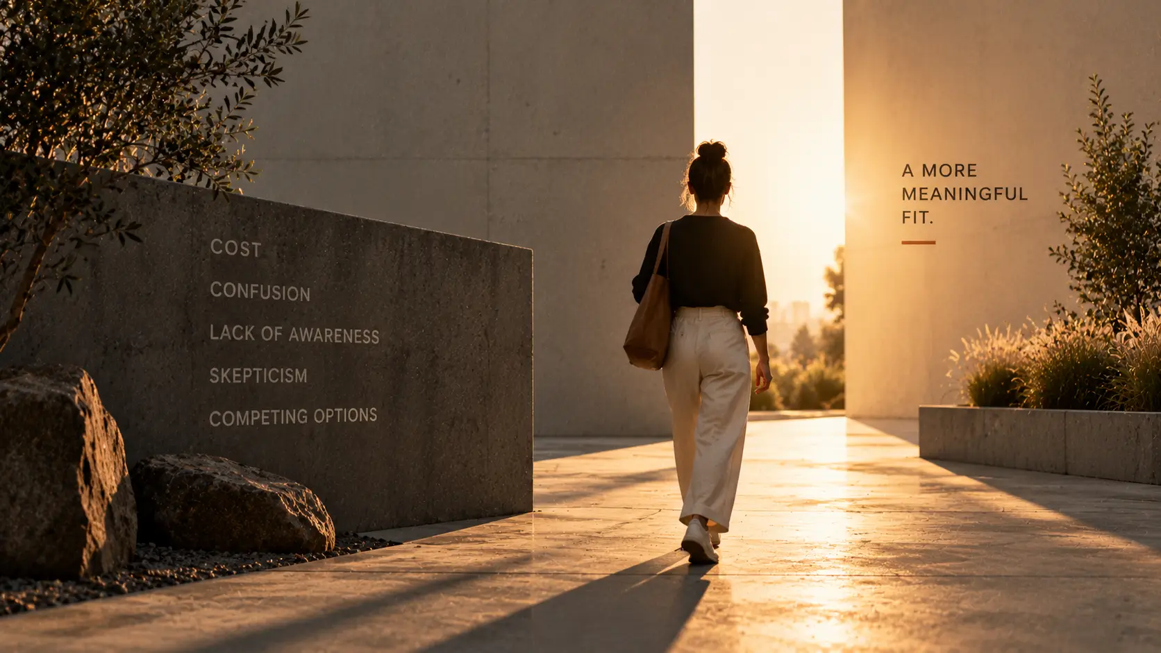 Illustration of target audience values and barriers: a figure walking a path toward an amber glow, past a low barrier