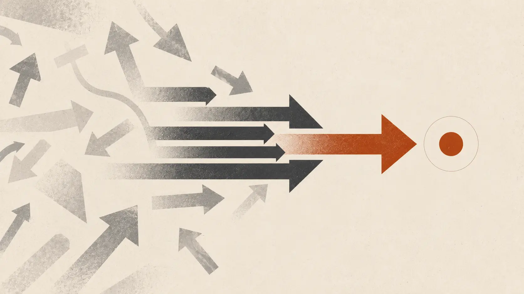 Audience strategy illustration: scattered grey arrows resolving into one amber arrow aimed at a single target