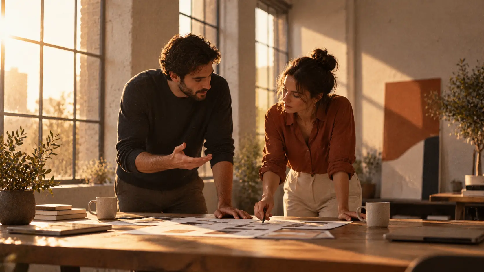 Two people collaborating over a shared plan in a warm studio, a genuine two-way marketing agency partnership