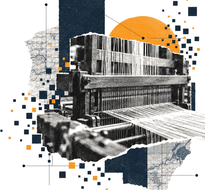 A paper collage in slate blue and amber illustrating an AI marketing integration case study