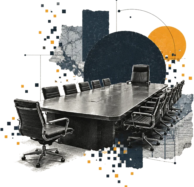 A paper collage in slate blue and amber illustrating a fractional CMO case study