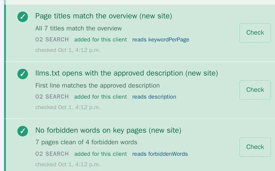 Octopus OS readings: all seven titles match the map, llms.txt matches the approved description