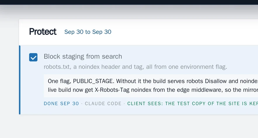 A stage card in Octopus OS: Block staging from search, ticked, with its note, who did it and when