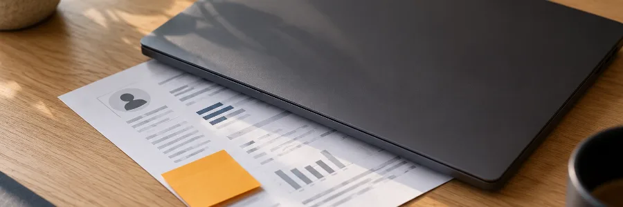 A one-page customer profile set underneath a laptop running an AI tool