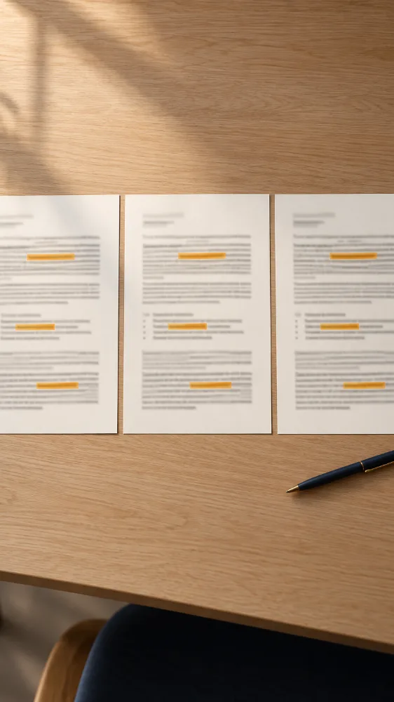 Three AI-written drafts that say nearly the same thing, the repeated phrases highlighted