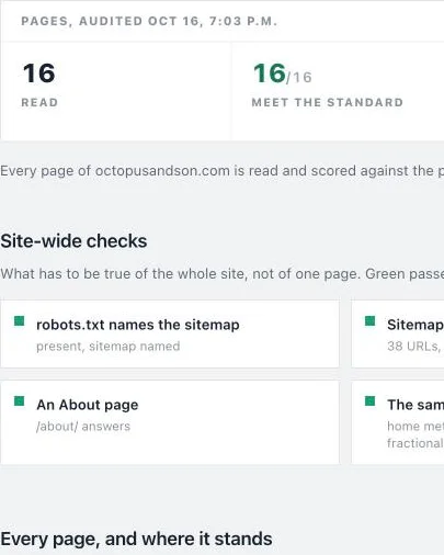 Octopus OS checking a live website against the company's marketing overview