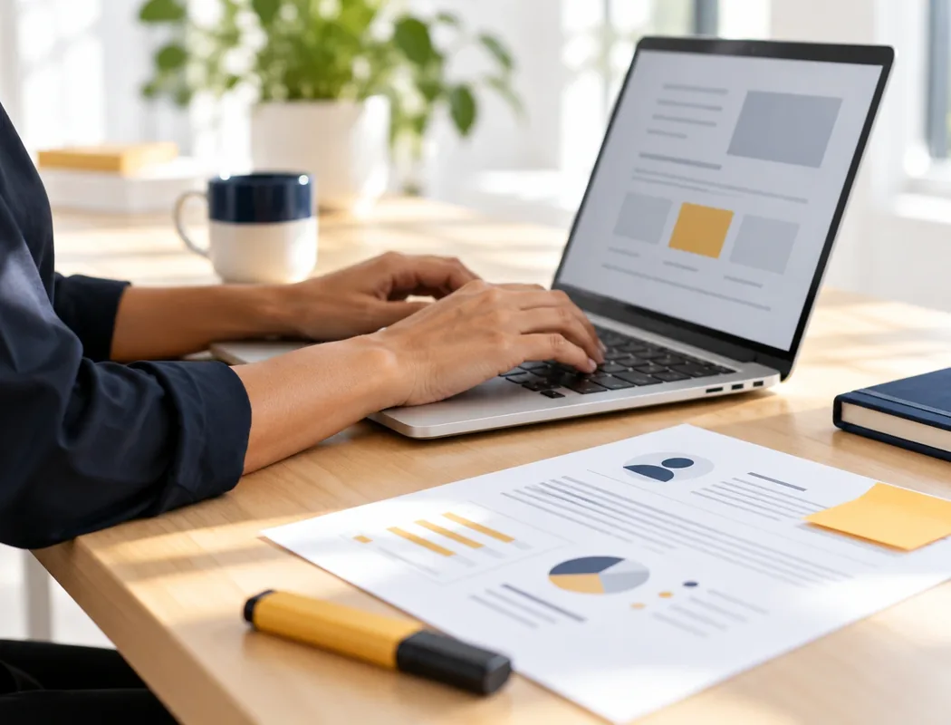AI marketing integration: drafting on-brand content with the customer profile beside the laptop
