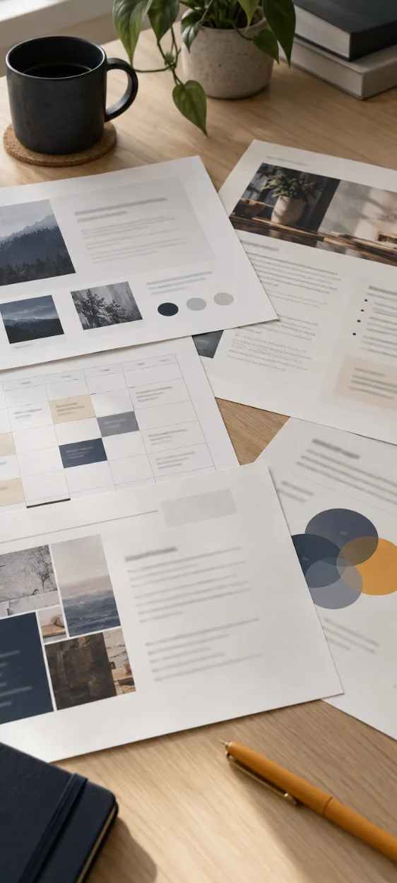 Several unconnected marketing plans on a founder's desk at a growing company without a fractional CMO