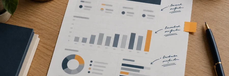 A one-page monthly marketing report with three decisions written beside the numbers