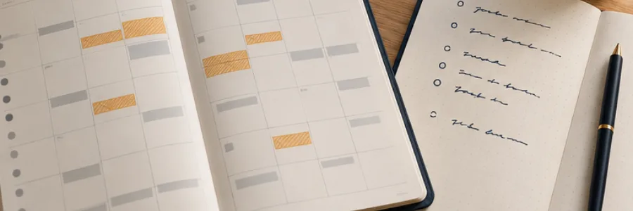 A recurring fractional CMO strategy session in a planner beside a notebook of decisions