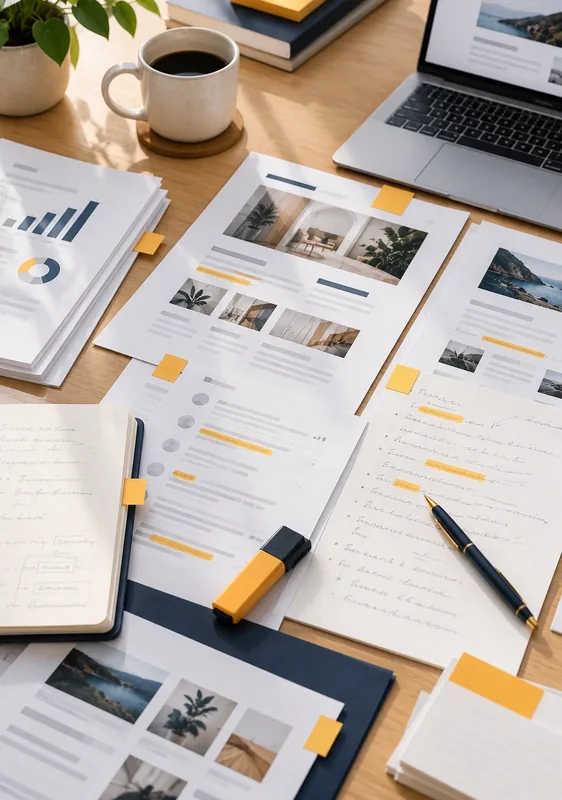 Marketing audit in progress: website pages and sales call notes marked where the message breaks