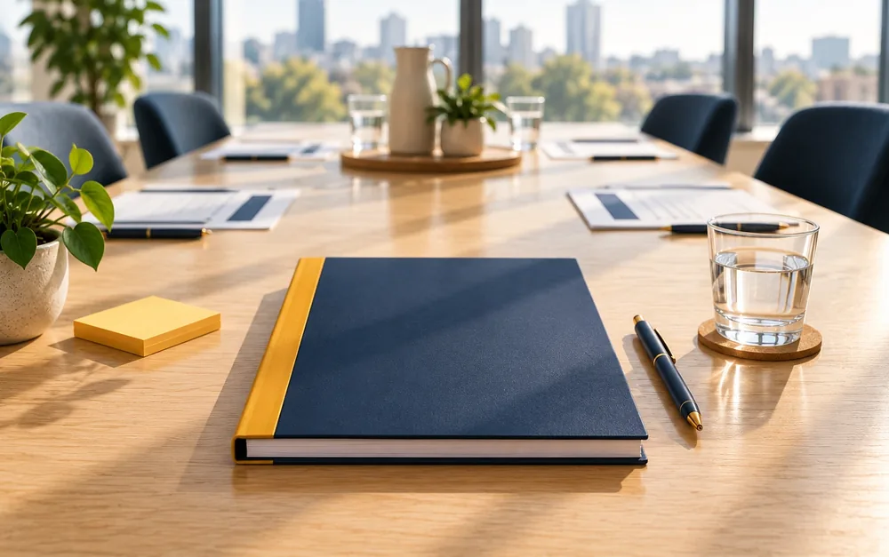 The Marketing Overview, a bound strategy document on a boardroom table