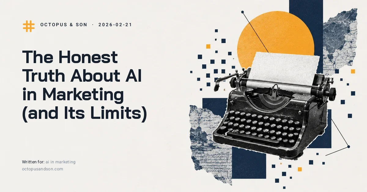 A typewriter with a blank sheet rolled in, a paper collage in slate blue and amber, illustrating AI in marketing