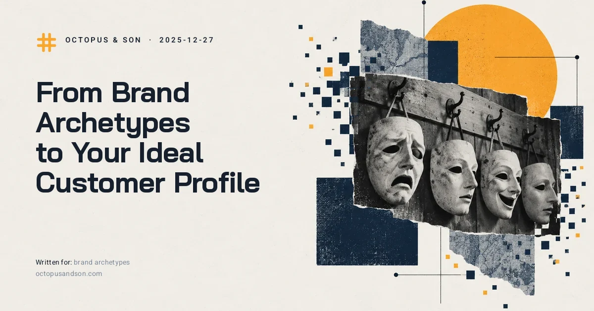 A row of plaster theatre masks on hooks, no faces behind them, a paper collage in slate blue and amber, illustrating brand archetypes