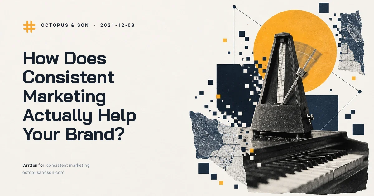 How Does Consistent Marketing Actually Help Your Brand? A metronome mid-swing on a piano, a paper collage in slate blue and amber, illustrating consistent marketing