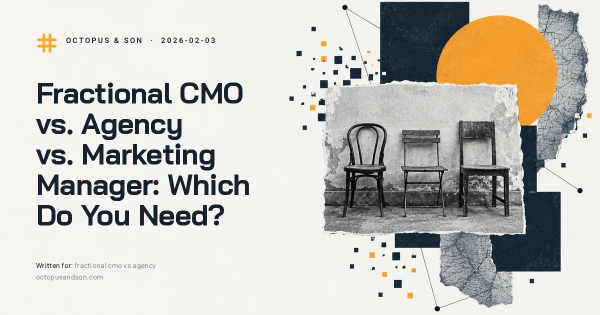 Fractional CMO vs. Agency vs. Marketing Manager: Which Do You Need? Three empty chairs of different kinds in a row against a wall, a paper collage in slate blue and amber, illustrating fractional CMO vs agency