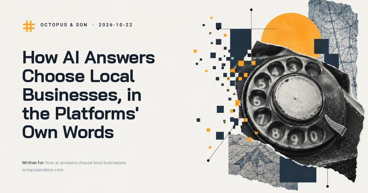 How AI Answers Choose Local Businesses, in the Platforms' Own Words A rotary dial from an old telephone, shot close, dial numbers softened, a paper collage in slate blue and amber, illustrating how AI answers choose local businesses
