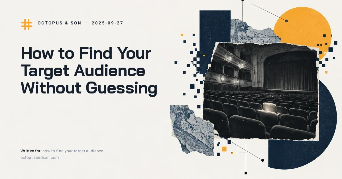 A vintage theatre with empty seats and one seat lit, a paper collage in slate blue and amber, illustrating how to find your target audience