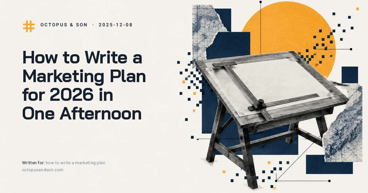 A drafting table with a T-square and one sheet of paper, a paper collage in slate blue and amber, illustrating how to write a marketing plan