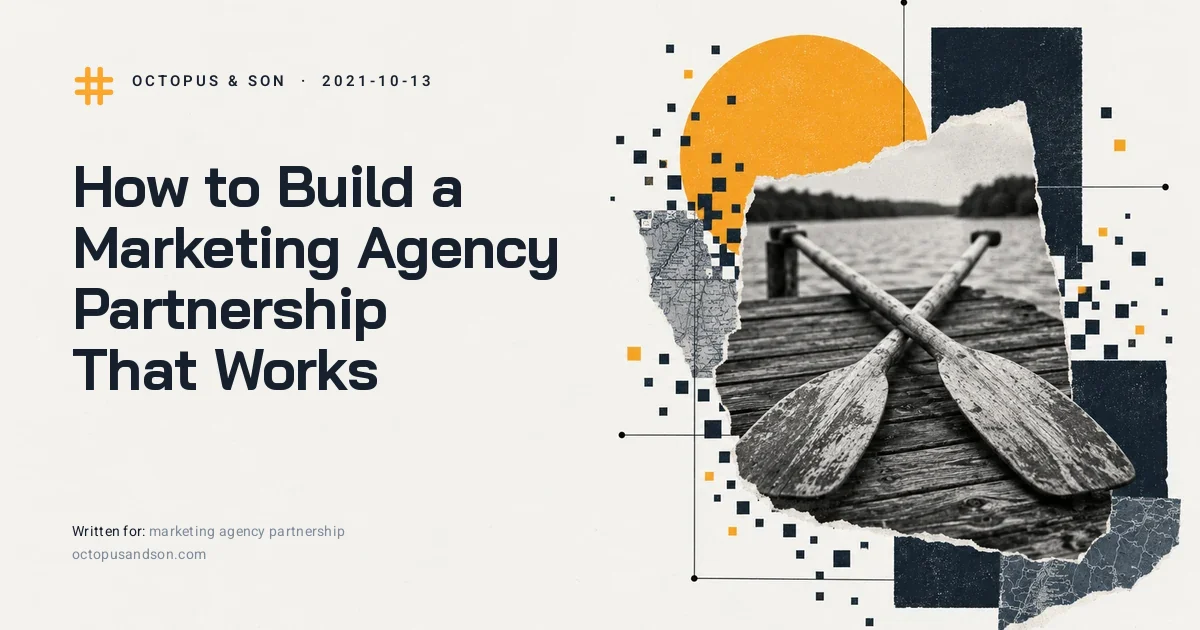 Two rowing oars crossed on a dock, a paper collage in slate blue and amber, illustrating marketing agency partnership