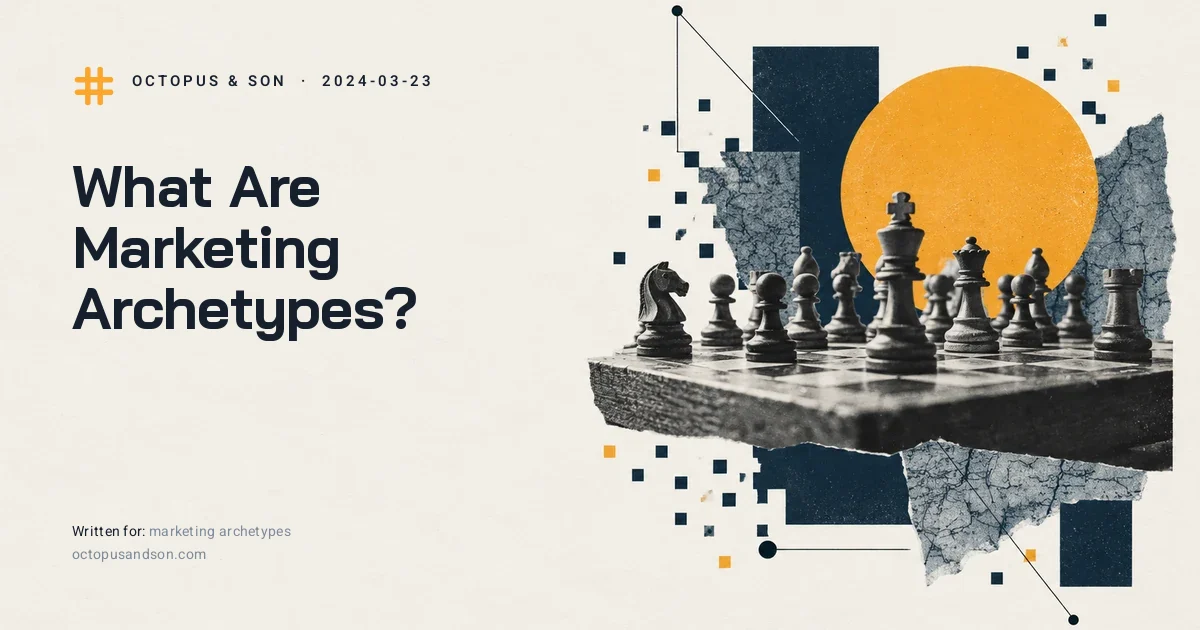 Twelve small carved chess pieces on a plain board, shot low, a paper collage in slate blue and amber, illustrating marketing archetypes