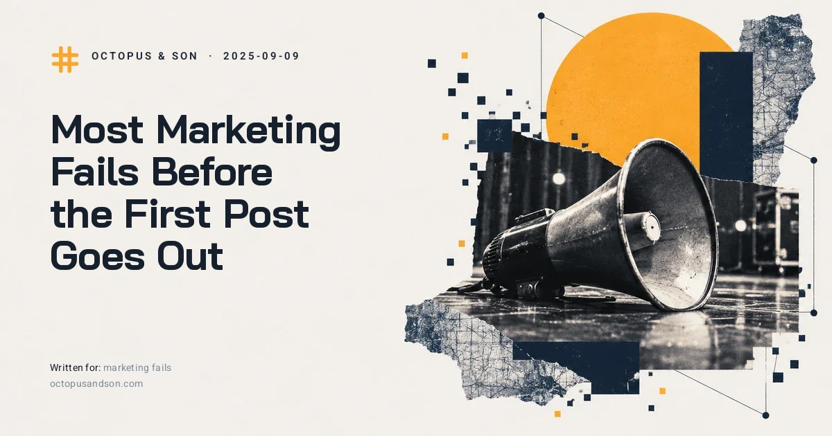 Most Marketing Fails Before the First Post Goes Out A megaphone lying on its side on an empty stage, a paper collage in slate blue and amber, illustrating marketing fails