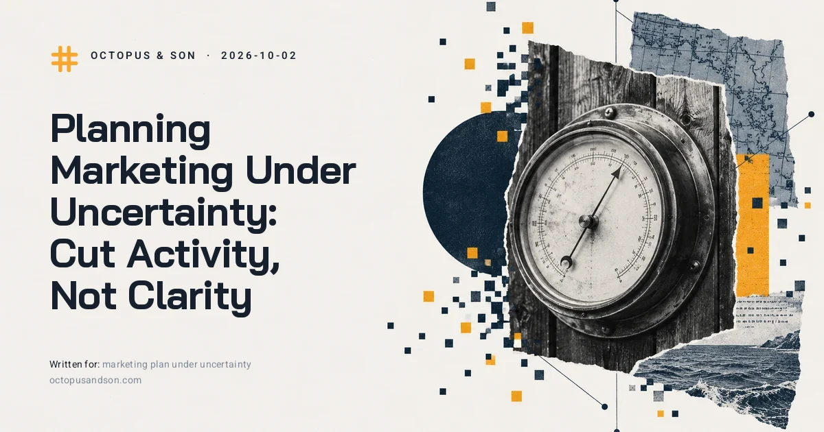 Planning Marketing Under Uncertainty: Cut Activity, Not Clarity A ship's barometer on a wooden wall, needle visible, a paper collage in slate blue and amber, illustrating marketing plan under uncertainty