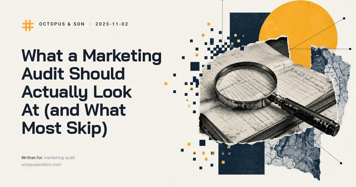 A magnifying glass lying on an open ledger, a paper collage in slate blue and amber, illustrating marketing audit