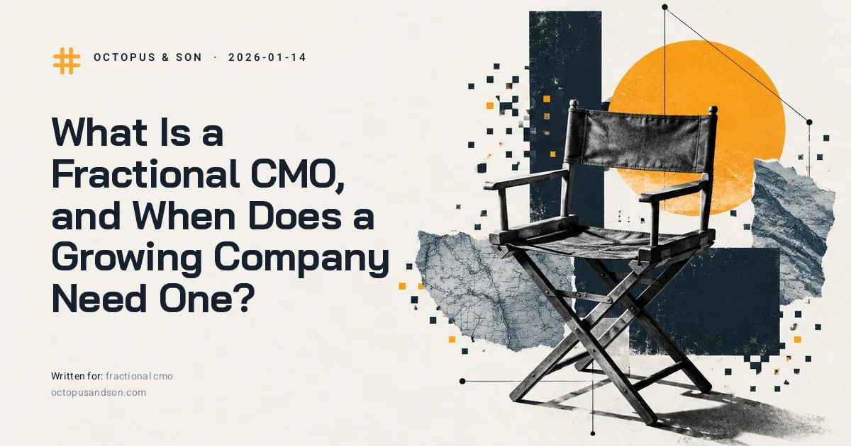A single director's chair, canvas back, empty, side-lit, a paper collage in slate blue and amber, illustrating fractional CMO